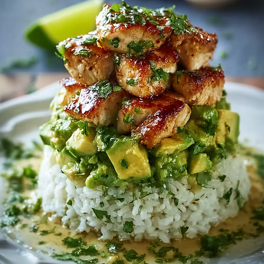 A stack of chicken and avocado on rice.