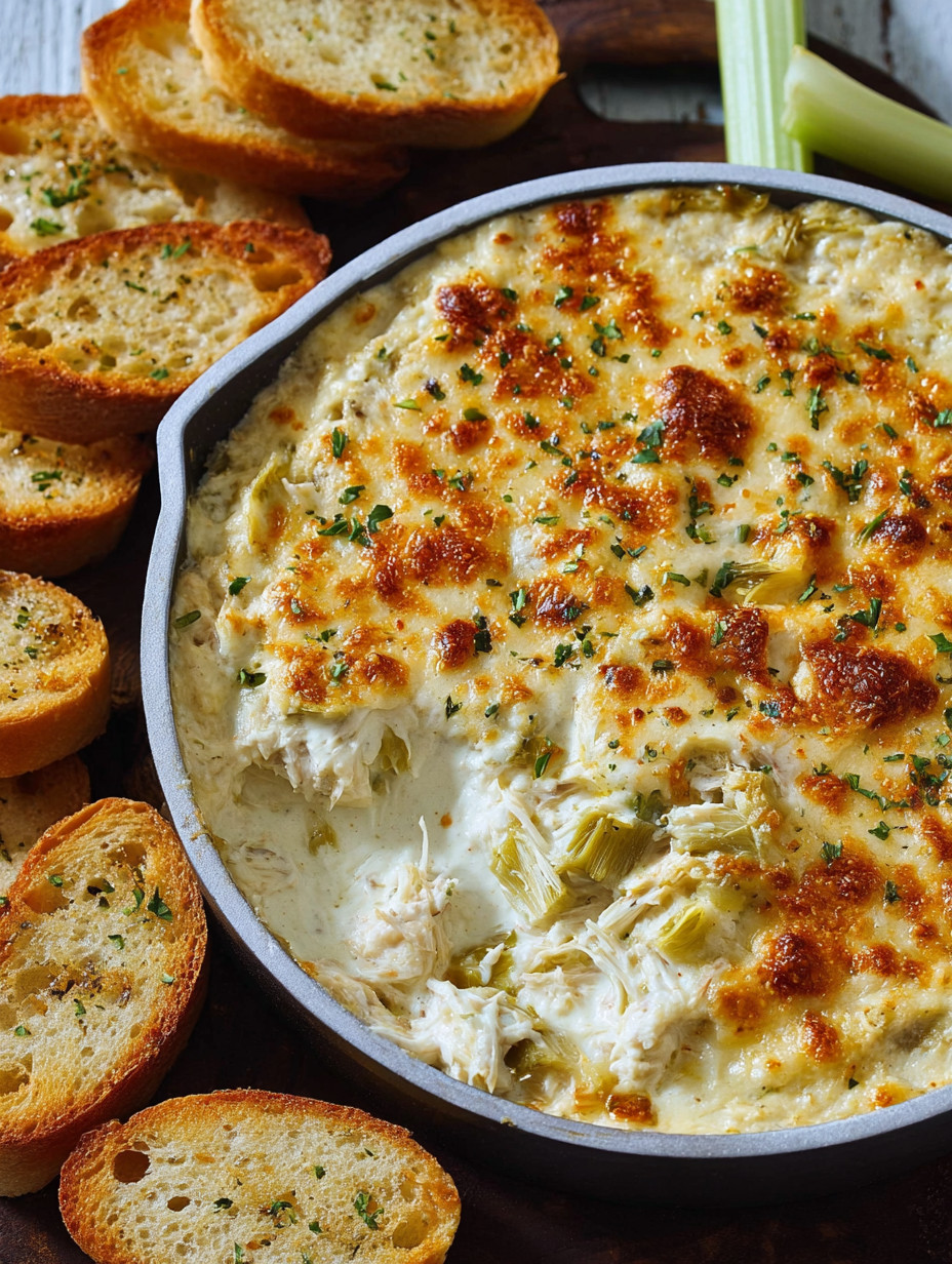 A bowl of crab artichoke dip with a loaf of bread.