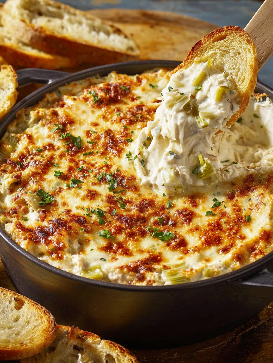 A bowl of crab artichoke dip with a spoon in it.