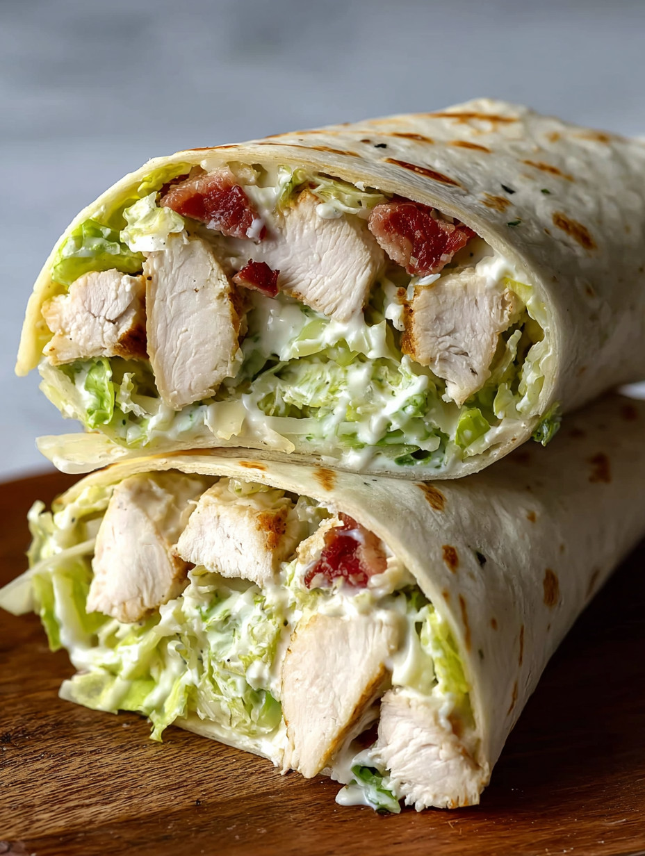 A chopped chicken Caesar salad wrap.