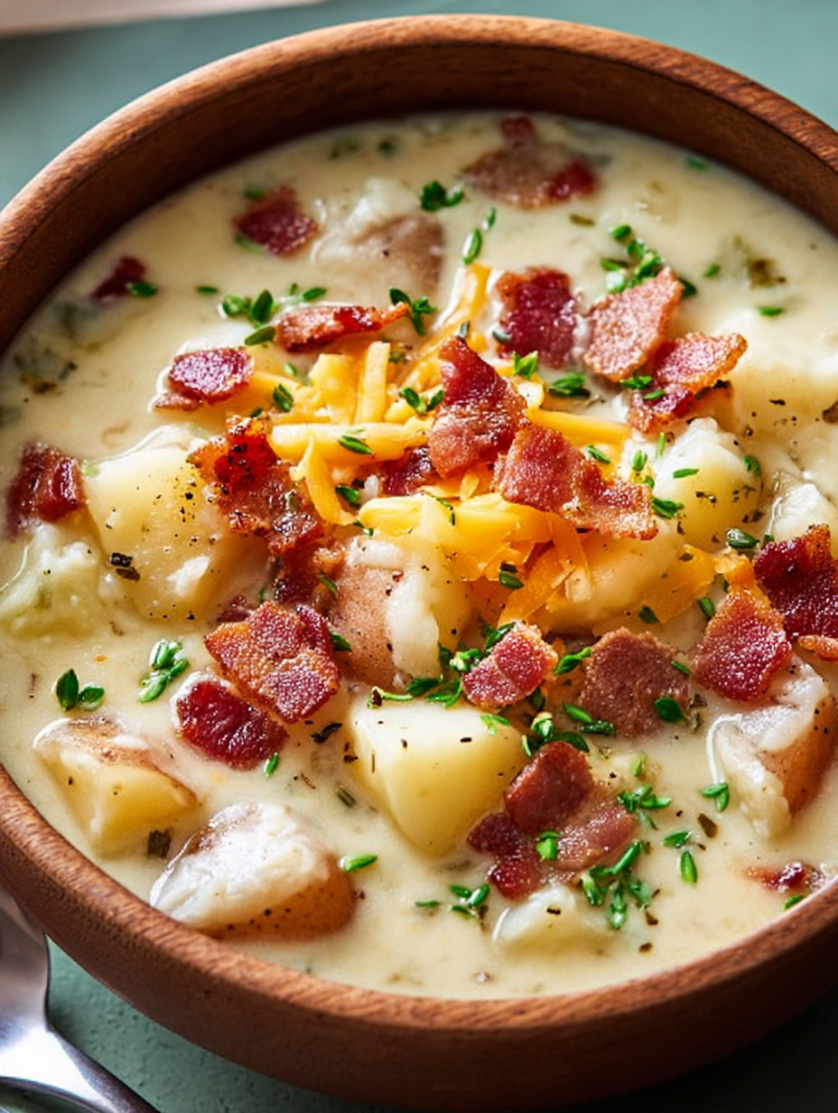 A close up of a bowl of potato soup with bacon and cheese.