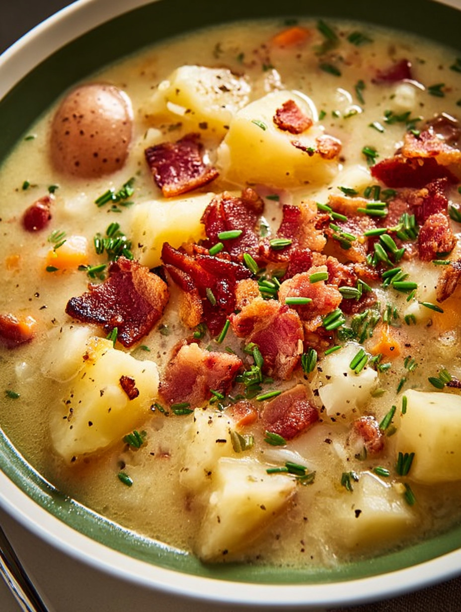 A close up of a bowl of potato soup with bacon and diced potatoes.