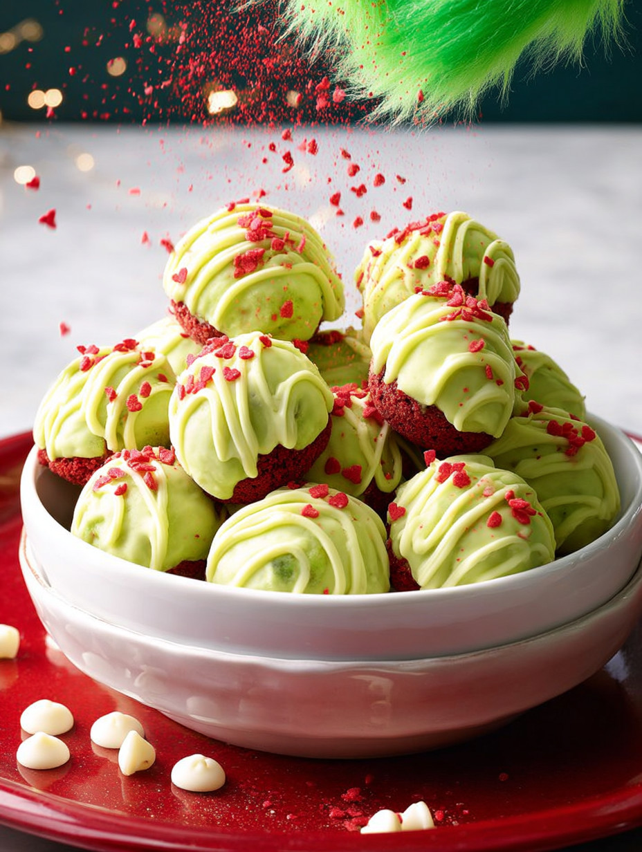 A bowl of green and red cake balls.