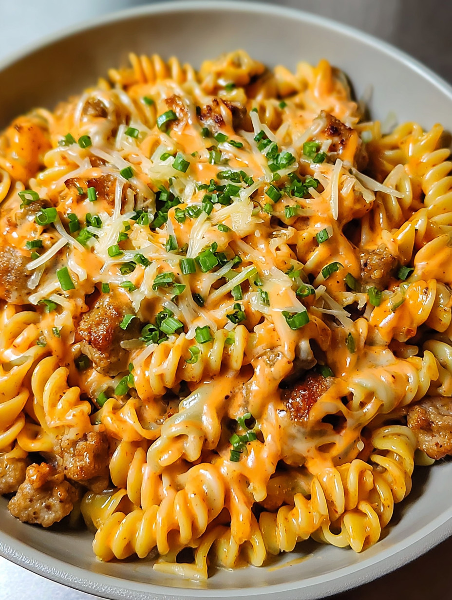 A bowl of creamy buffalo ranch sausage rotini.