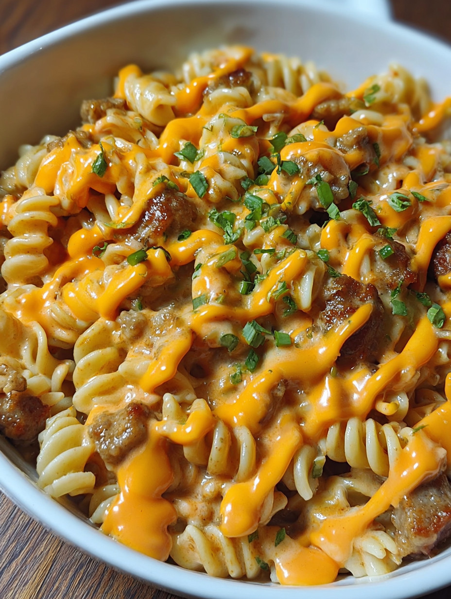 A bowl of creamy buffalo ranch sausage rotini.
