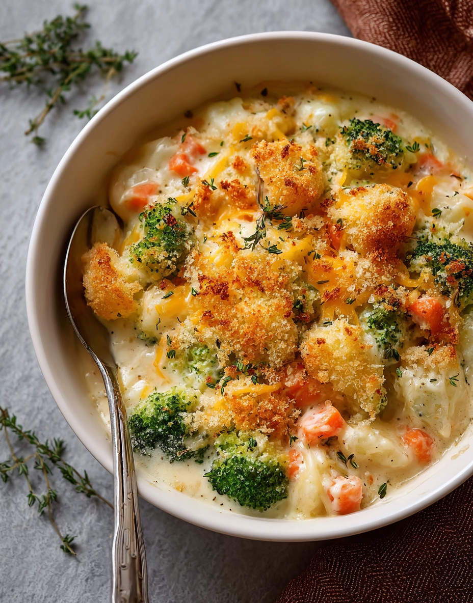 A bowl of creamy winter vegetable casserole.