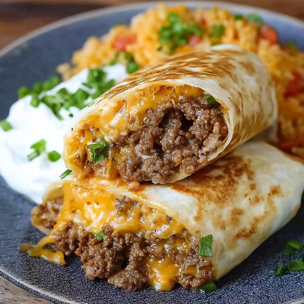 A cheesy double beef burrito on a plate.
