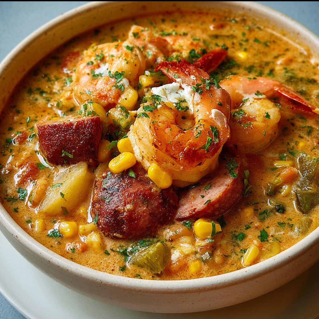 A bowl of soup with shrimp and corn.
