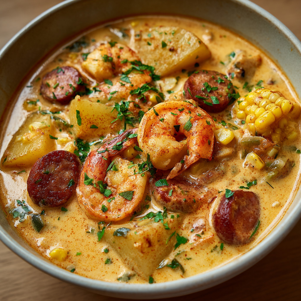 A bowl of soup with shrimp and potatoes.