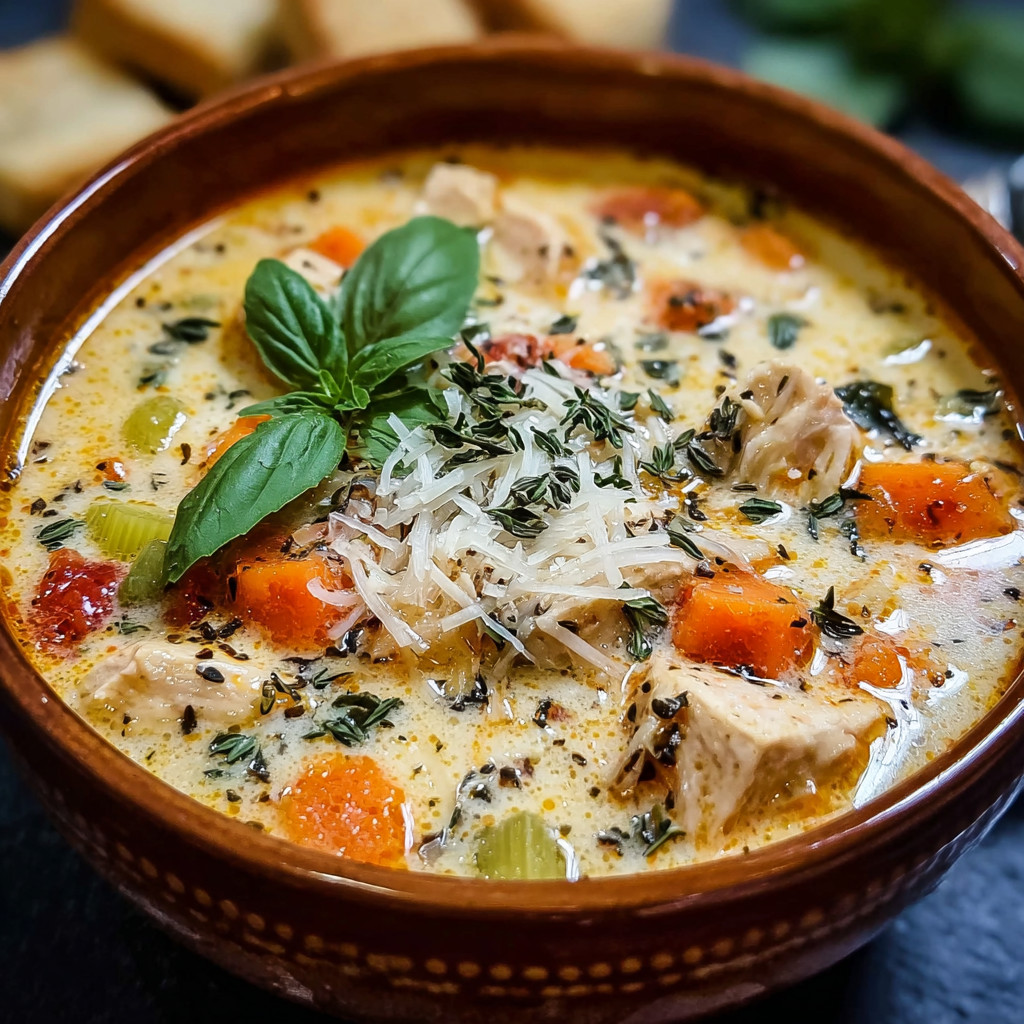 A bowl of soup with chicken and vegetables.