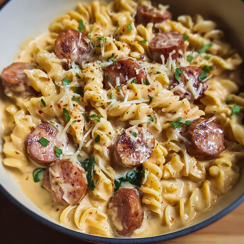 A bowl of pasta with sausage and cheese.