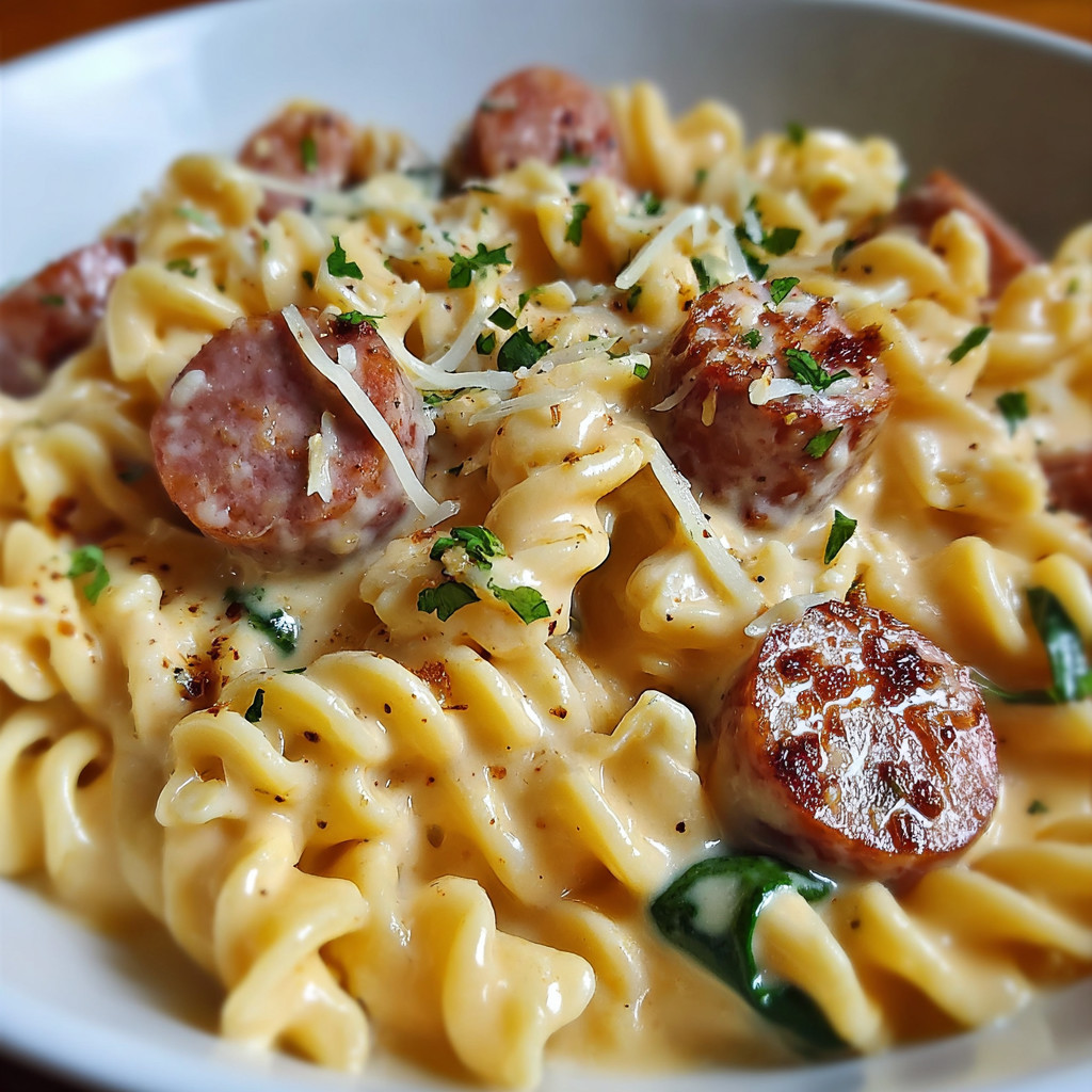 A bowl of pasta with sausage and cheese.