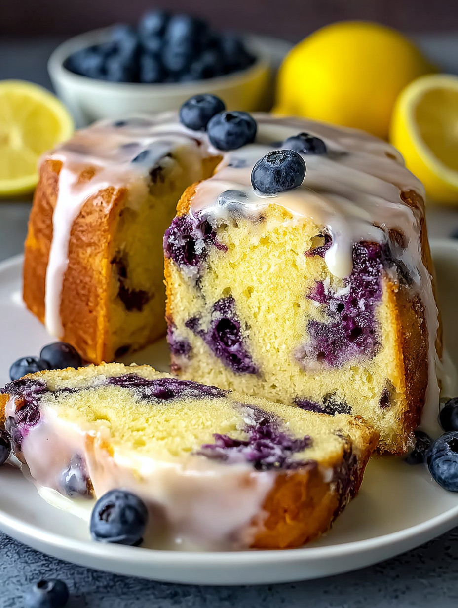 A slice of lemon blueberry pound cake.