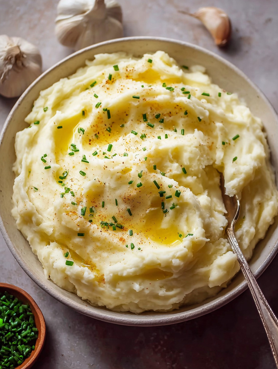 A bowl of creamy garlic mashed potatoes.