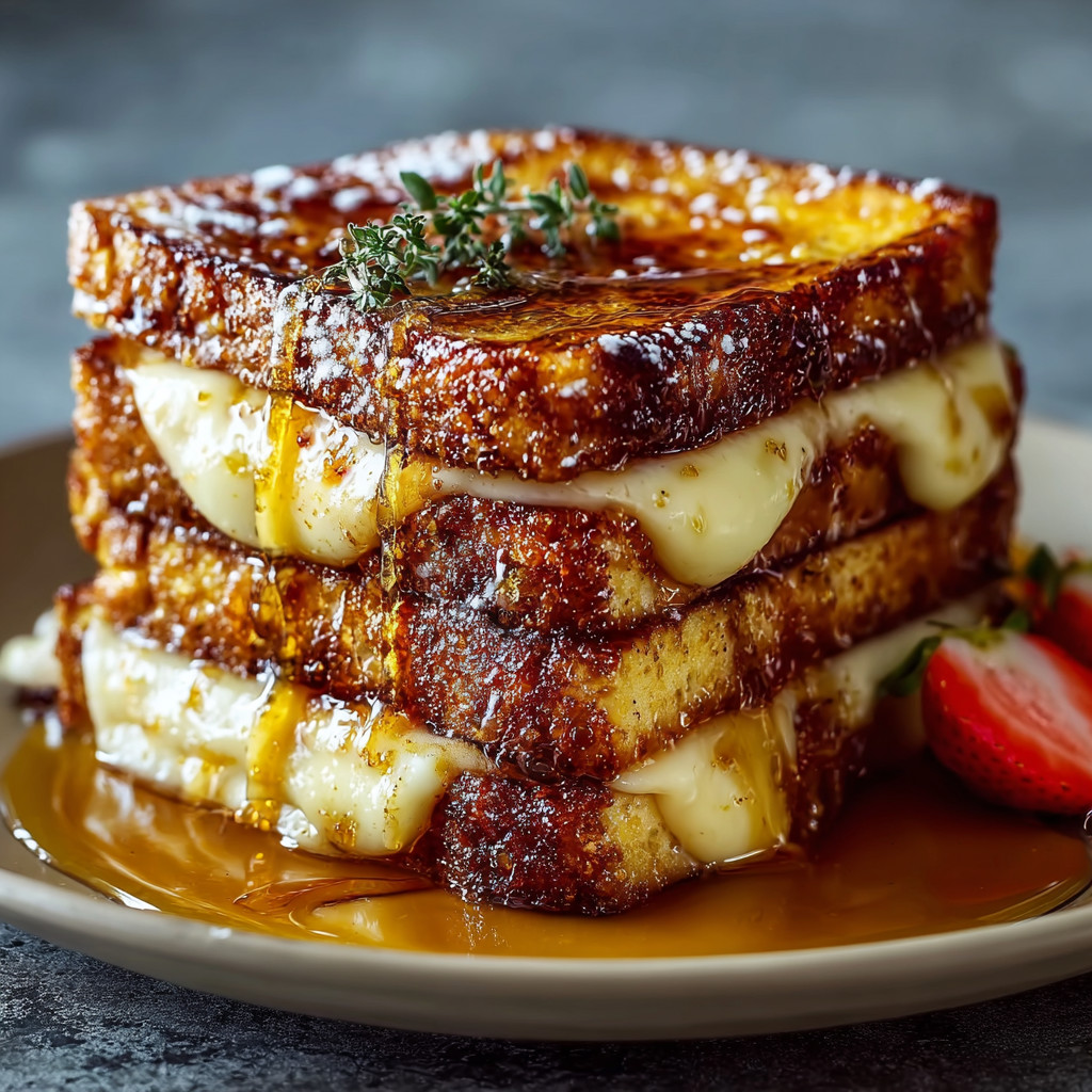 A stack of French toast with a strawberry on top.
