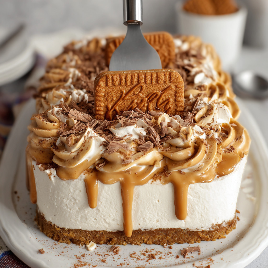 A slice of Biscoff No-Bake Cheesecake.