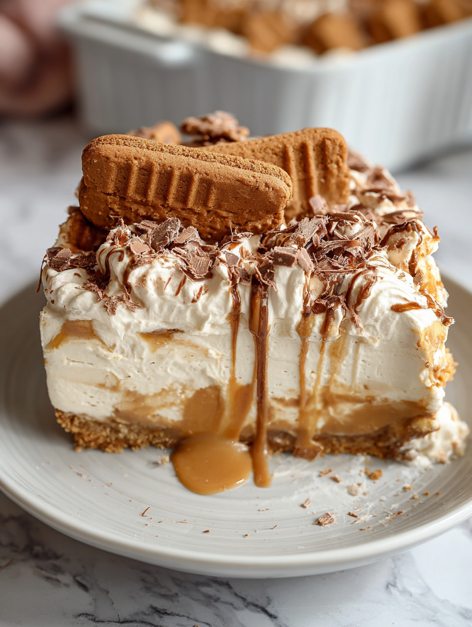 A slice of Biscoff No-Bake Cheesecake.