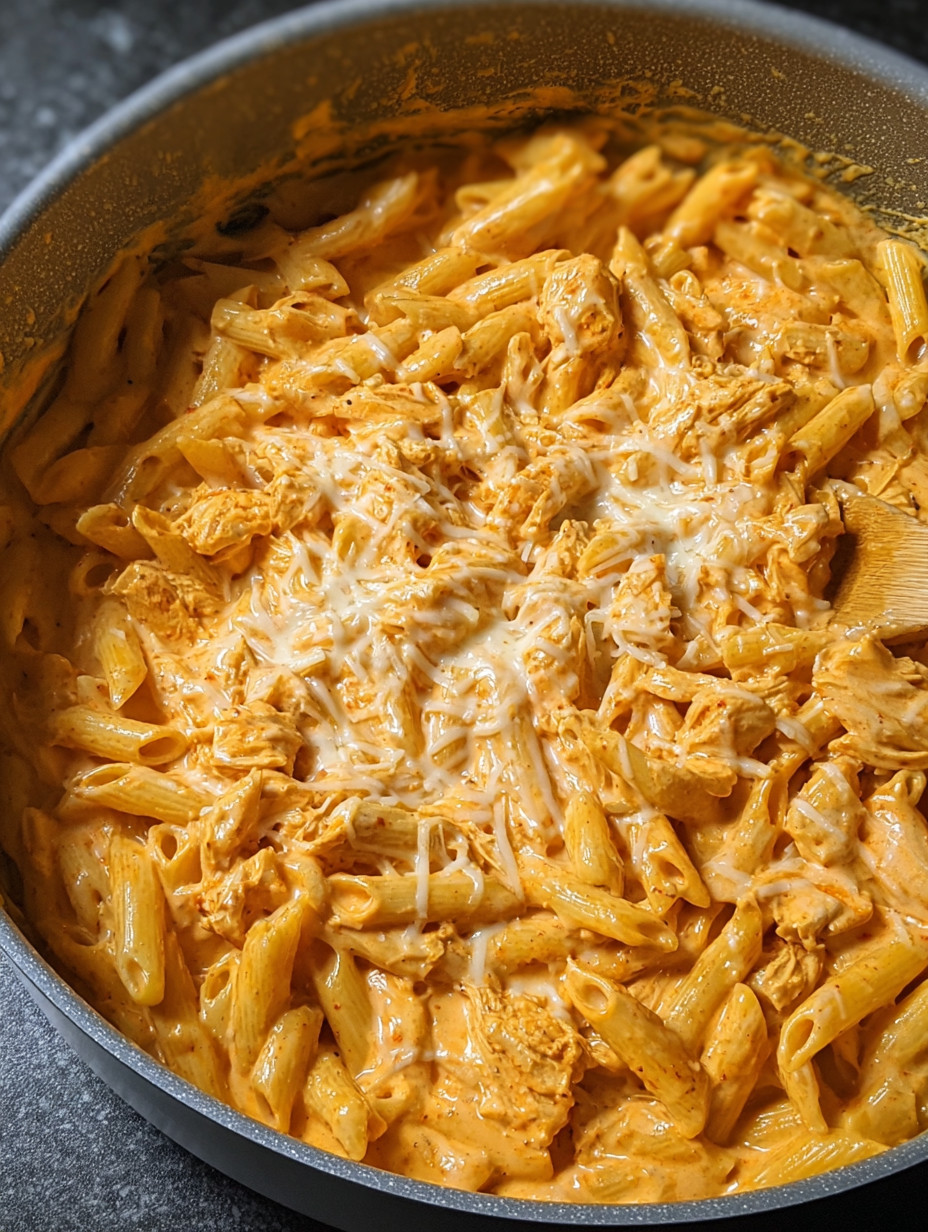 A bowl of pasta with chicken and cheese.