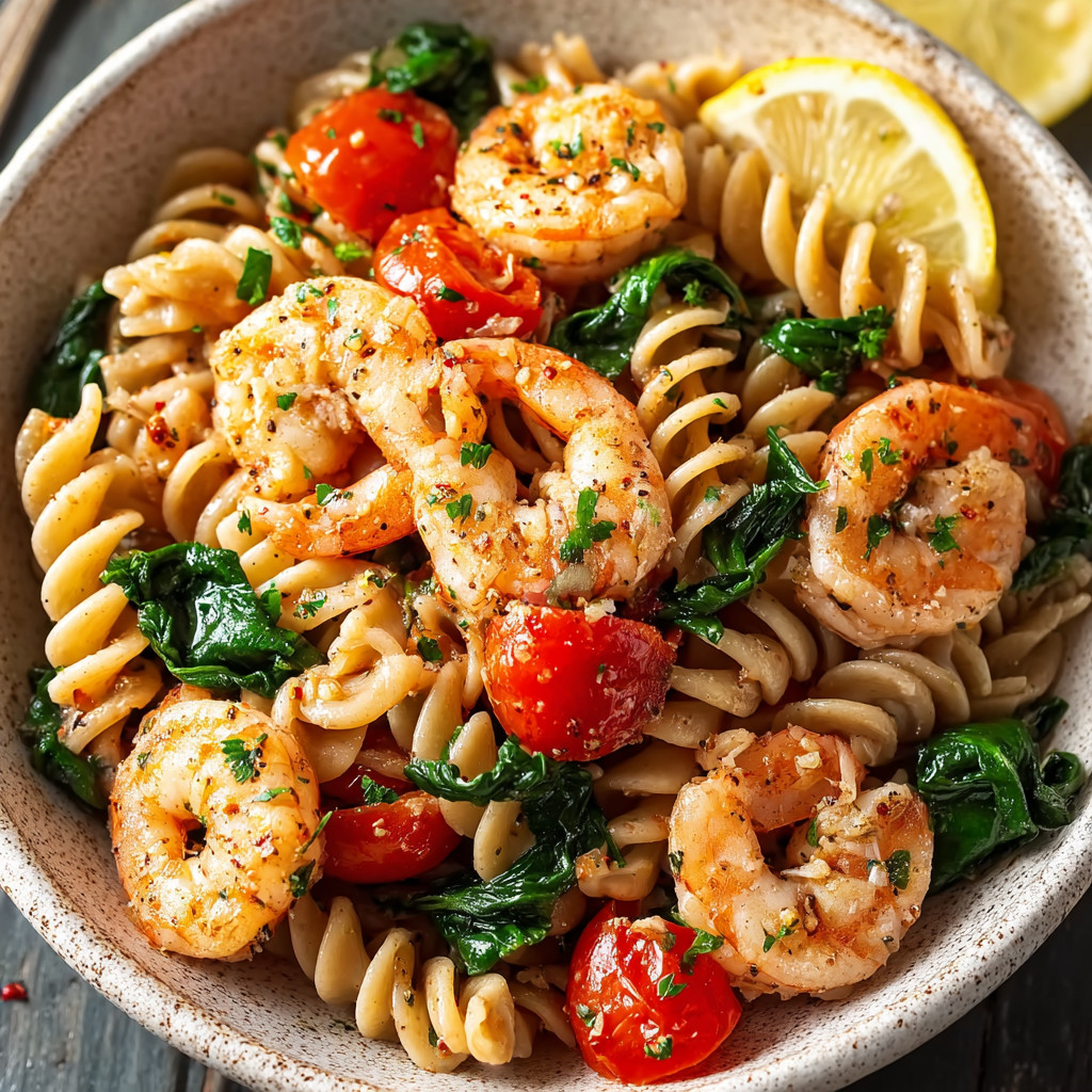 A bowl of shrimp and pasta with tomatoes and spinach.