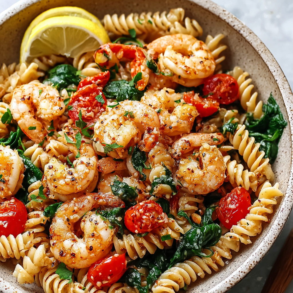 A bowl of shrimp and pasta with a lemon wedge on top.