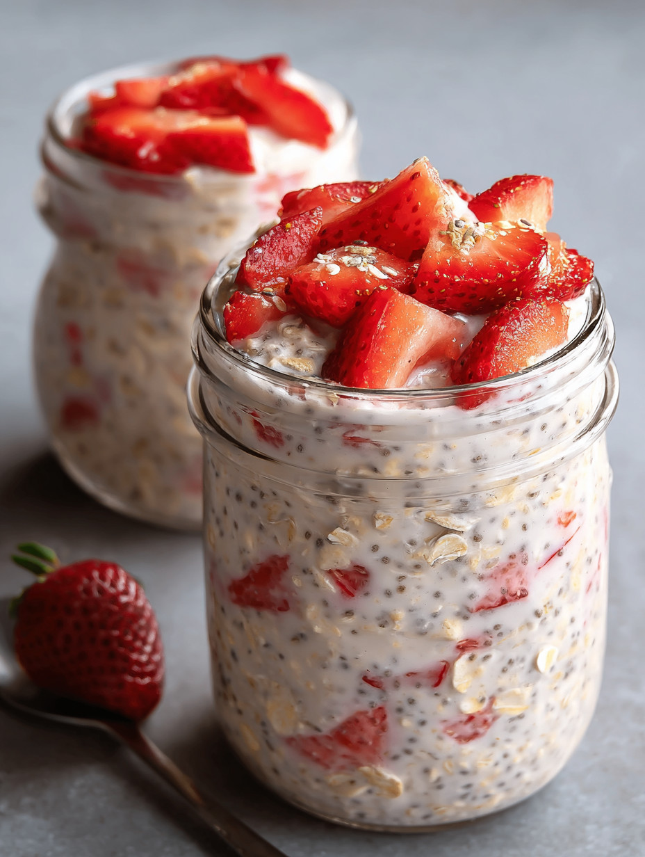 A jar of strawberries and cream overnight oats.
