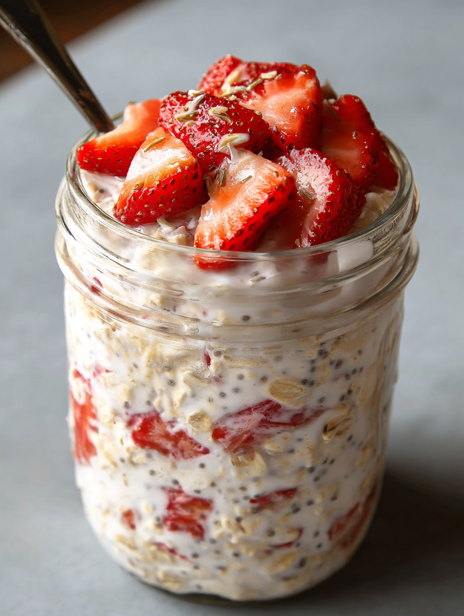 A jar of strawberries and cream overnight oats.