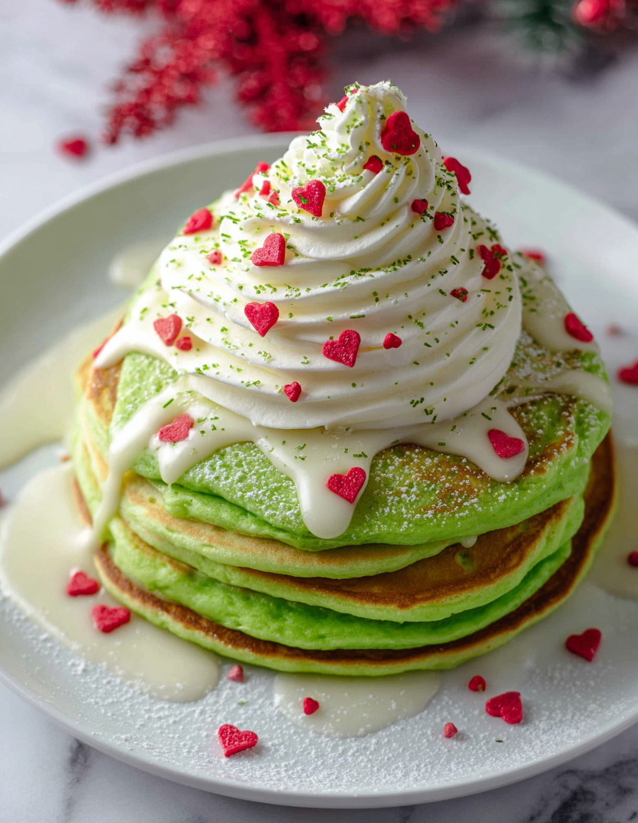 A stack of green pancakes with white whipped cream and red hearts.