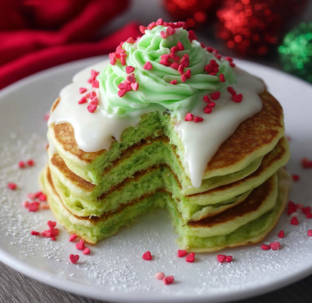 A stack of pancakes with green and white frosting.