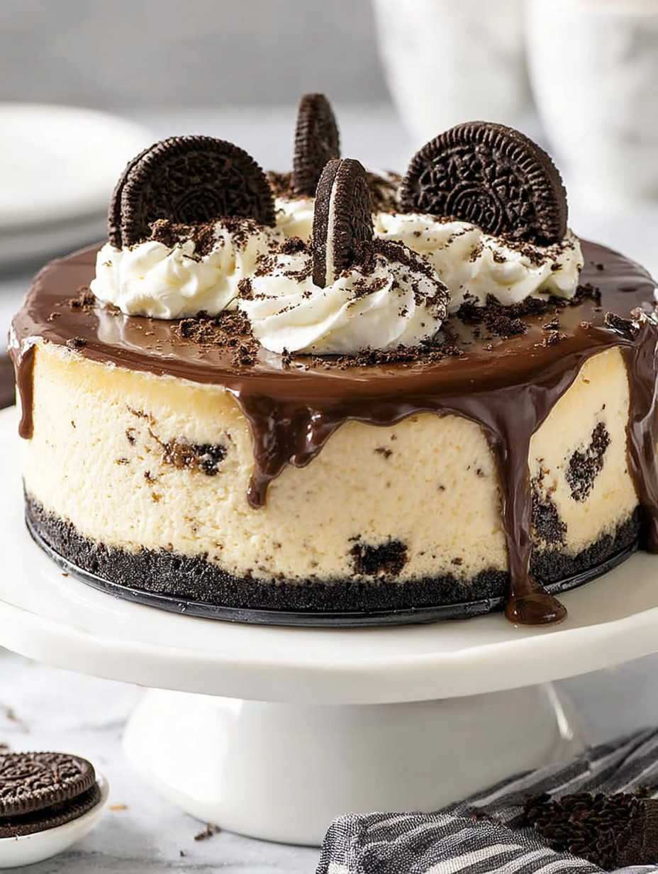 A slice of Oreo cheesecake on a plate.