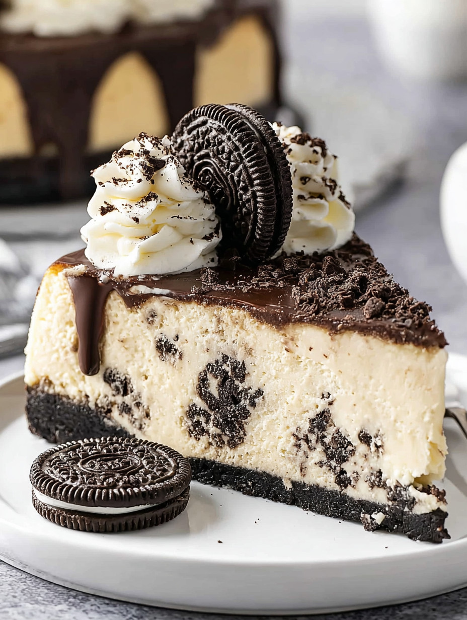 A slice of Oreo cheesecake with a cookie on the side.
