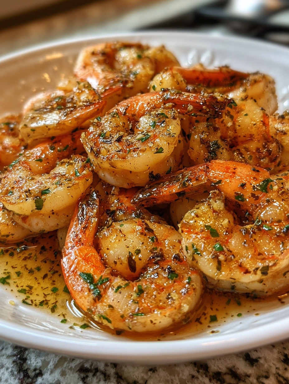 A plate of shrimp with garlic and butter.