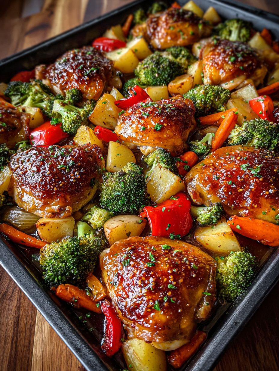 A pan of chicken and vegetables with a sauce.