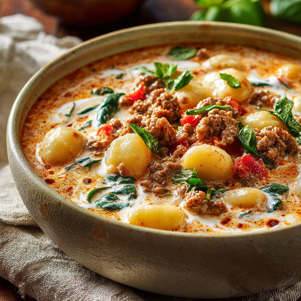 A bowl of soup with meat and vegetables.