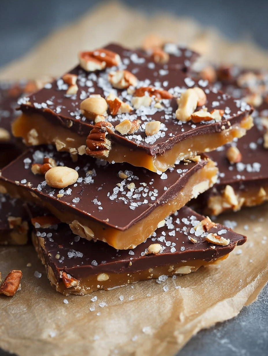 A stack of chocolate toffee bars with nuts.