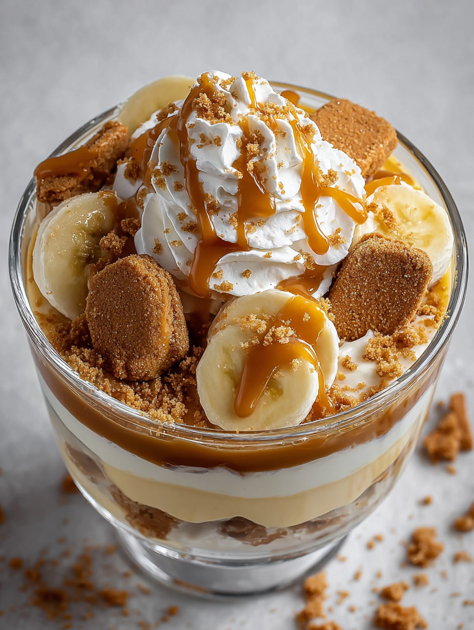 A glass of banana pudding with caramel drizzle.
