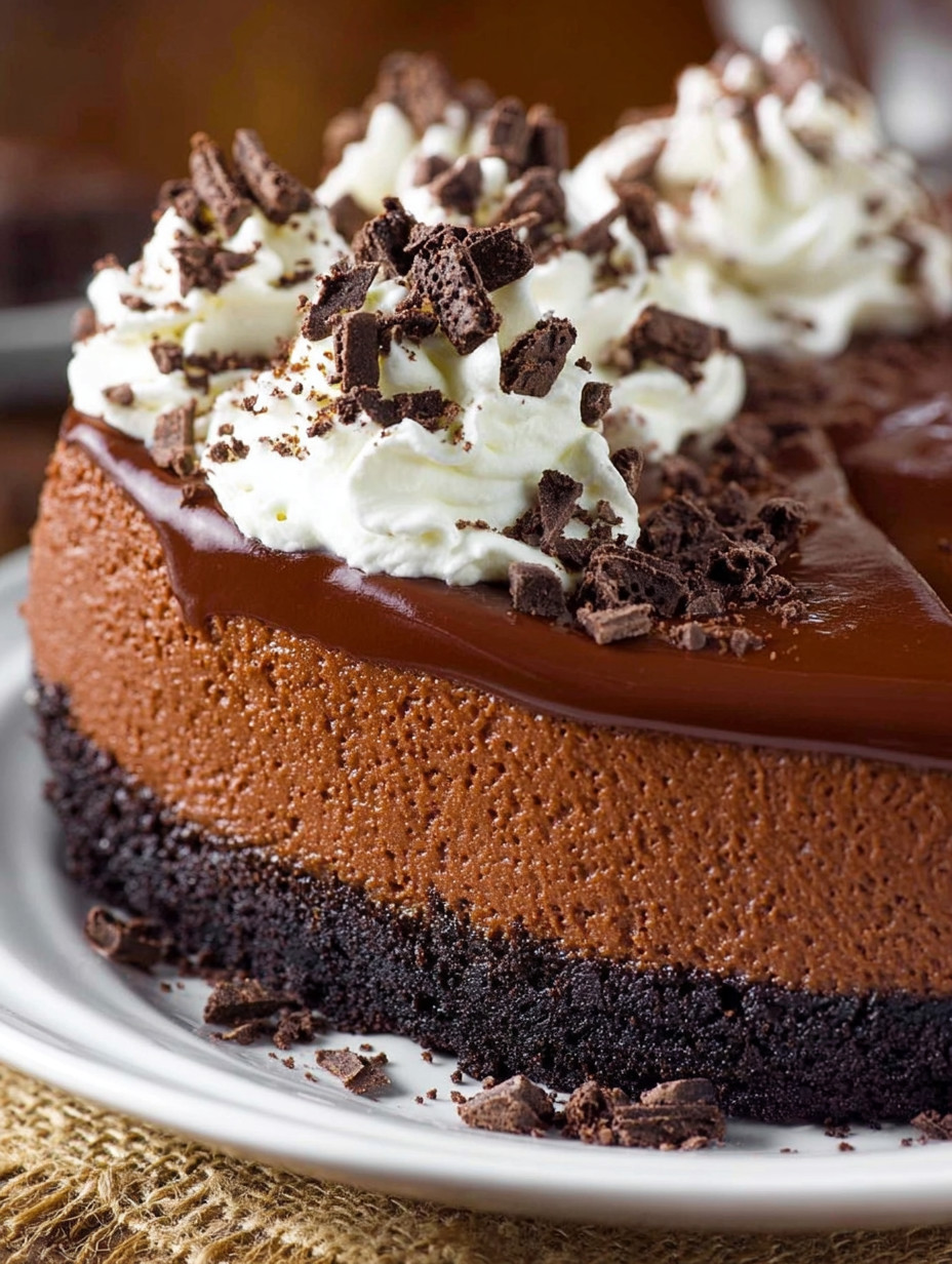 A slice of chocolate cheesecake with white whipped cream on top.