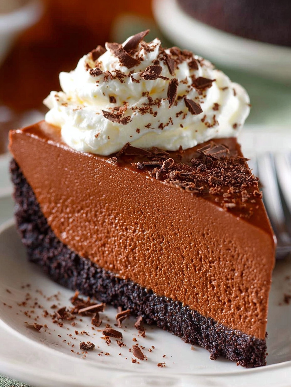 A slice of chocolate cheesecake with white whipped cream on top.