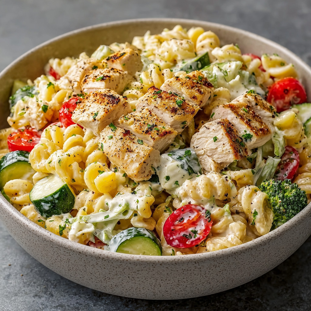 A bowl of pasta salad with chicken, tomatoes, and cucumbers.