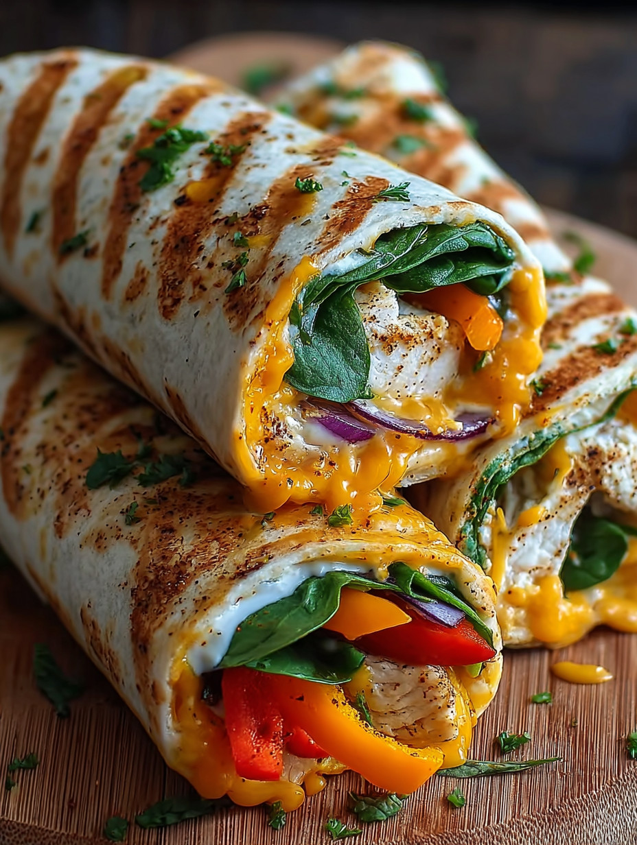 A cheesy chicken wrap with lettuce and tomato.