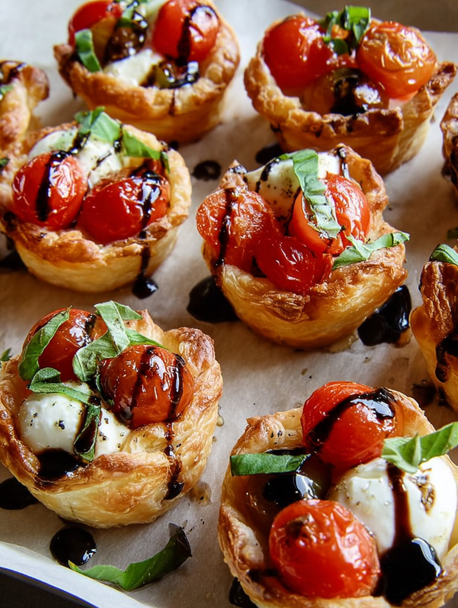 Baked Caprese Bites with tomatoes and basil.