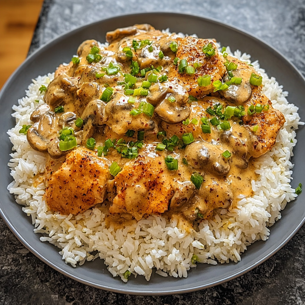 A plate of smothered chicken and rice.