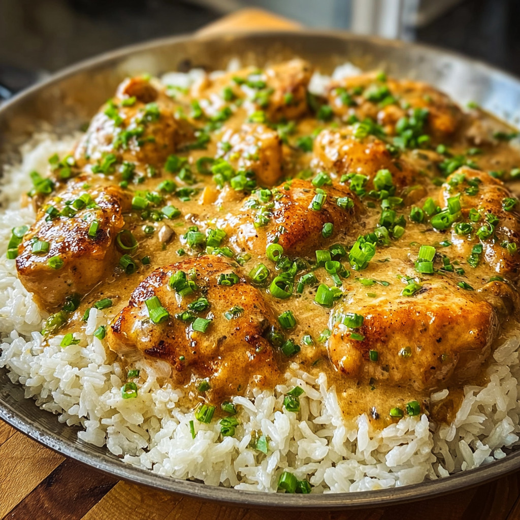 A plate of smothered chicken and rice.