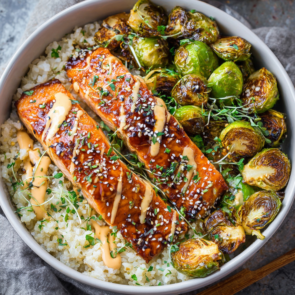 A bowl of food with salmon and brussels sprouts.
