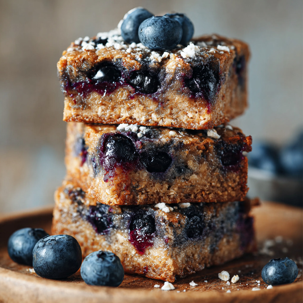 A stack of three blueberry muffin protein squares.