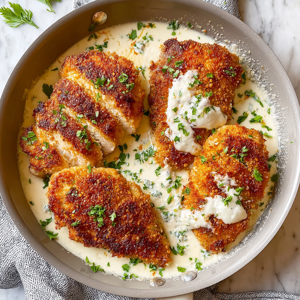 A pan of Parmesan crusted chicken with creamy garlic sauce.