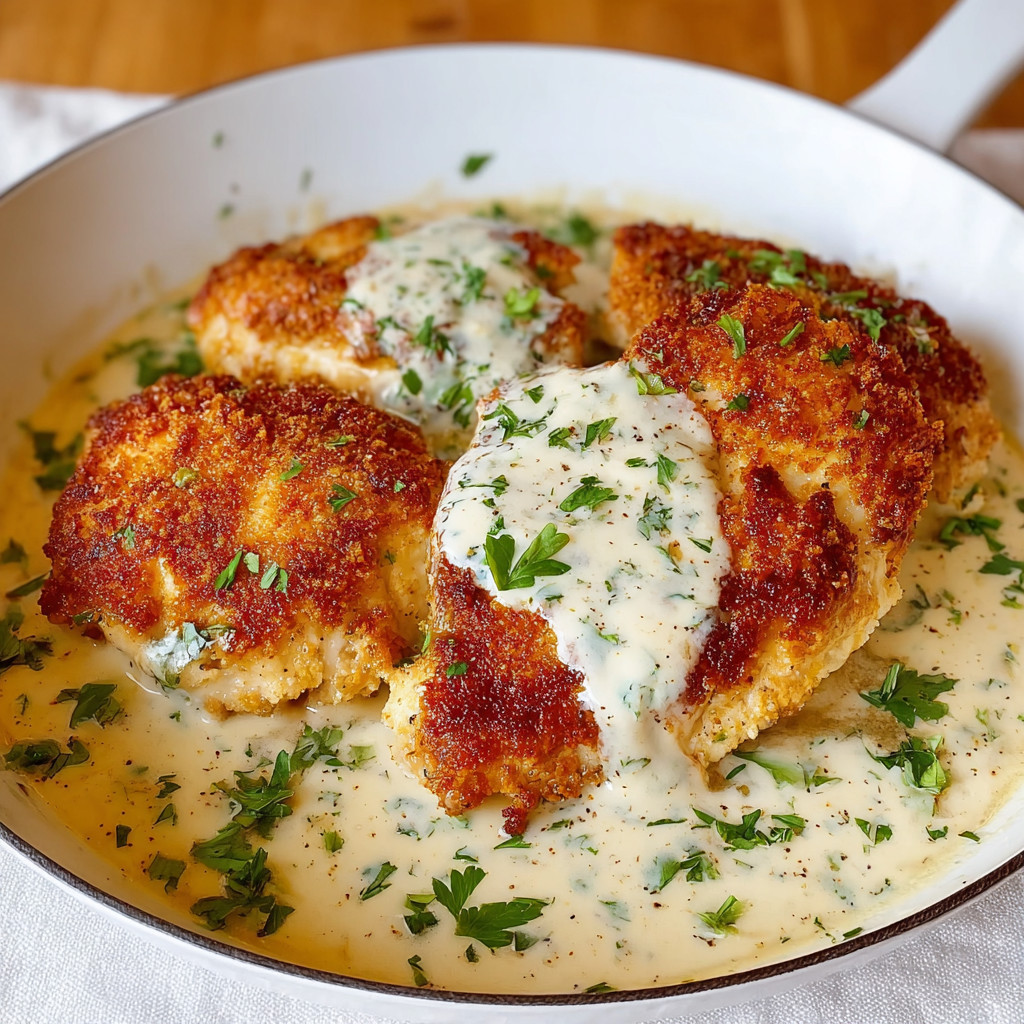A plate of Parmesan crusted chicken with creamy garlic sauce.