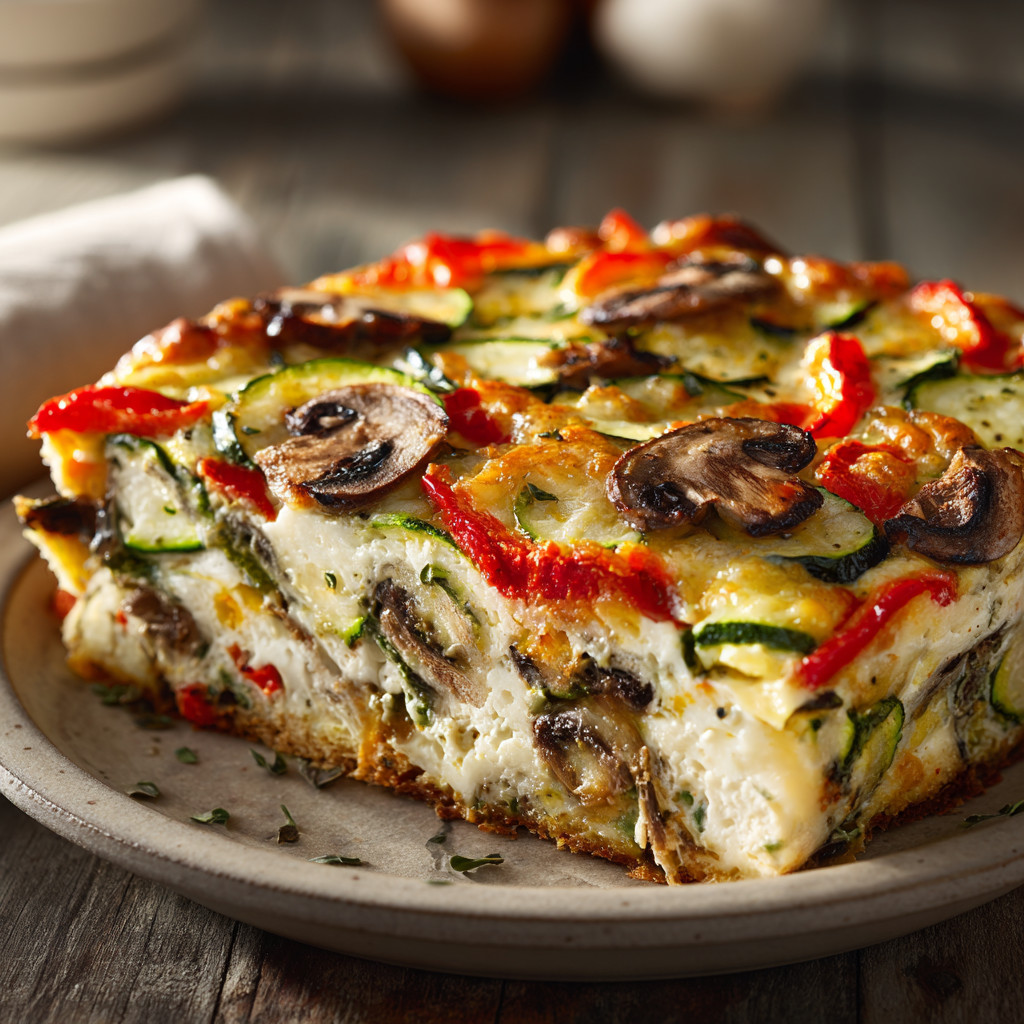 A cottage cheese and veggie bake on a plate.