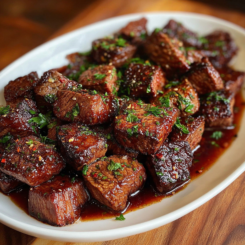A plate of steak bites with a sauce.