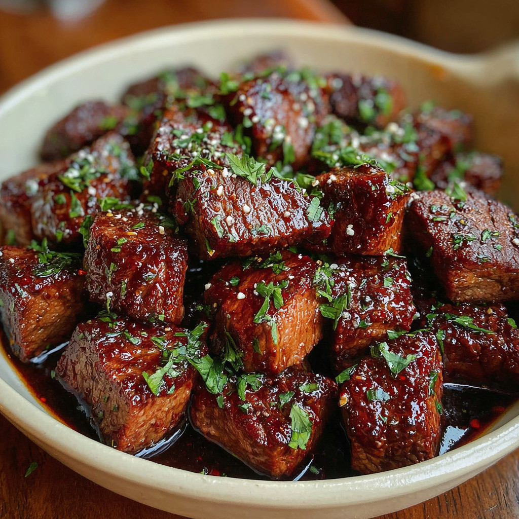 A bowl of beef steak bites with green toppings.