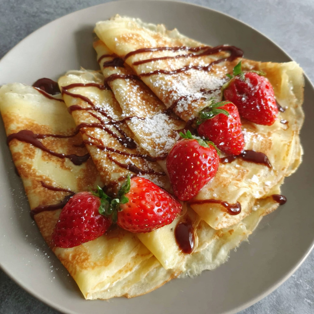 A plate of food with a crepe and strawberries.